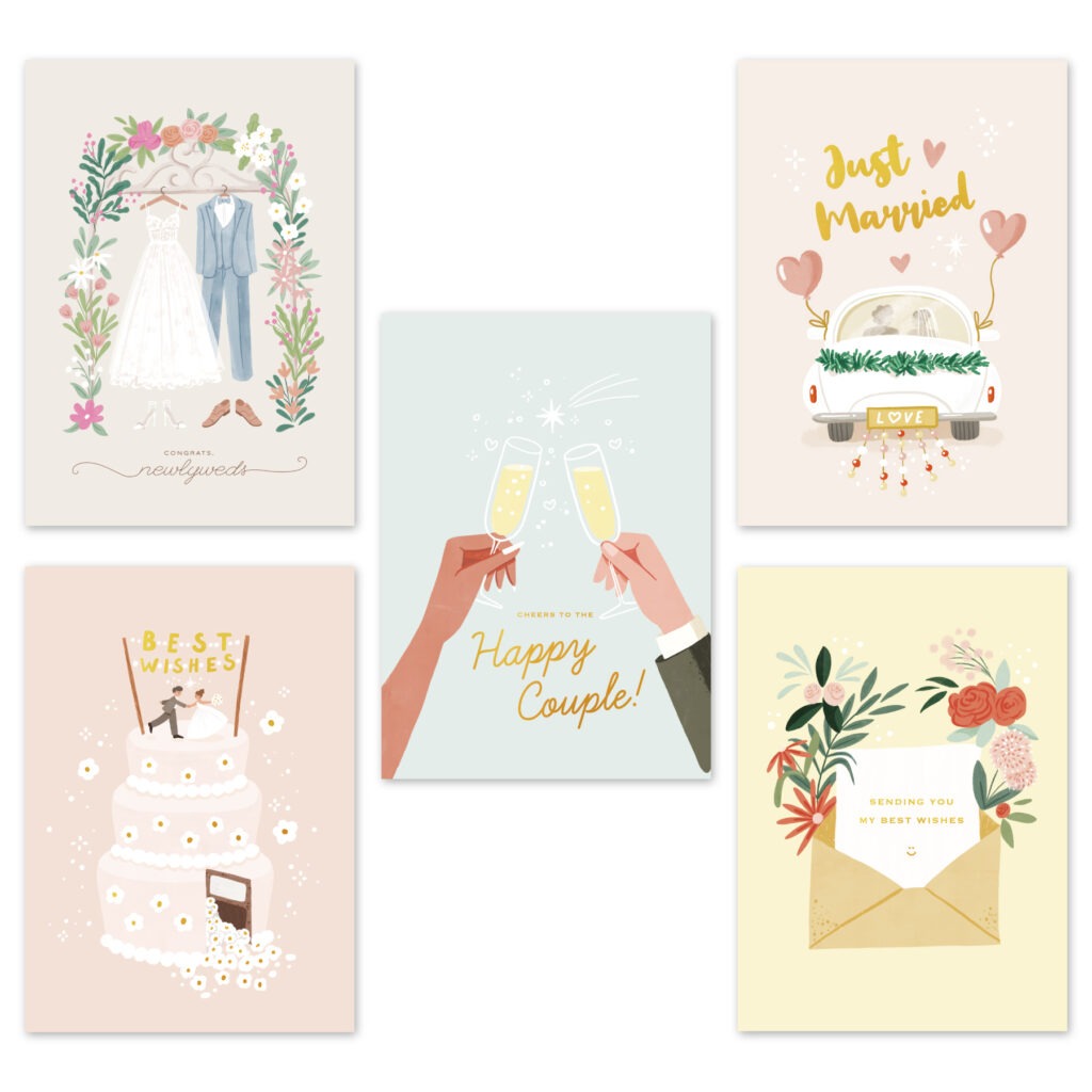 Wedding cards featuring the phrase "Happy Couple" alongside an elegant wedding cake design.