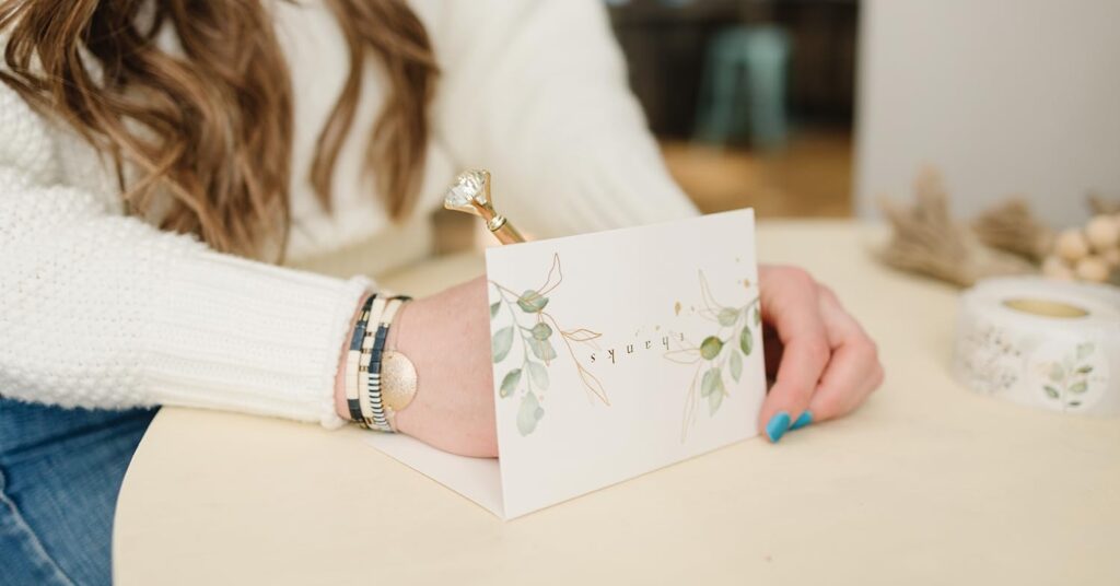A woman holds a beautifully designed card featuring an intricate floral pattern.