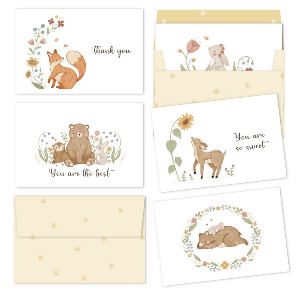 A collection of four thank you cards featuring charming animals surrounded by vibrant flowers.