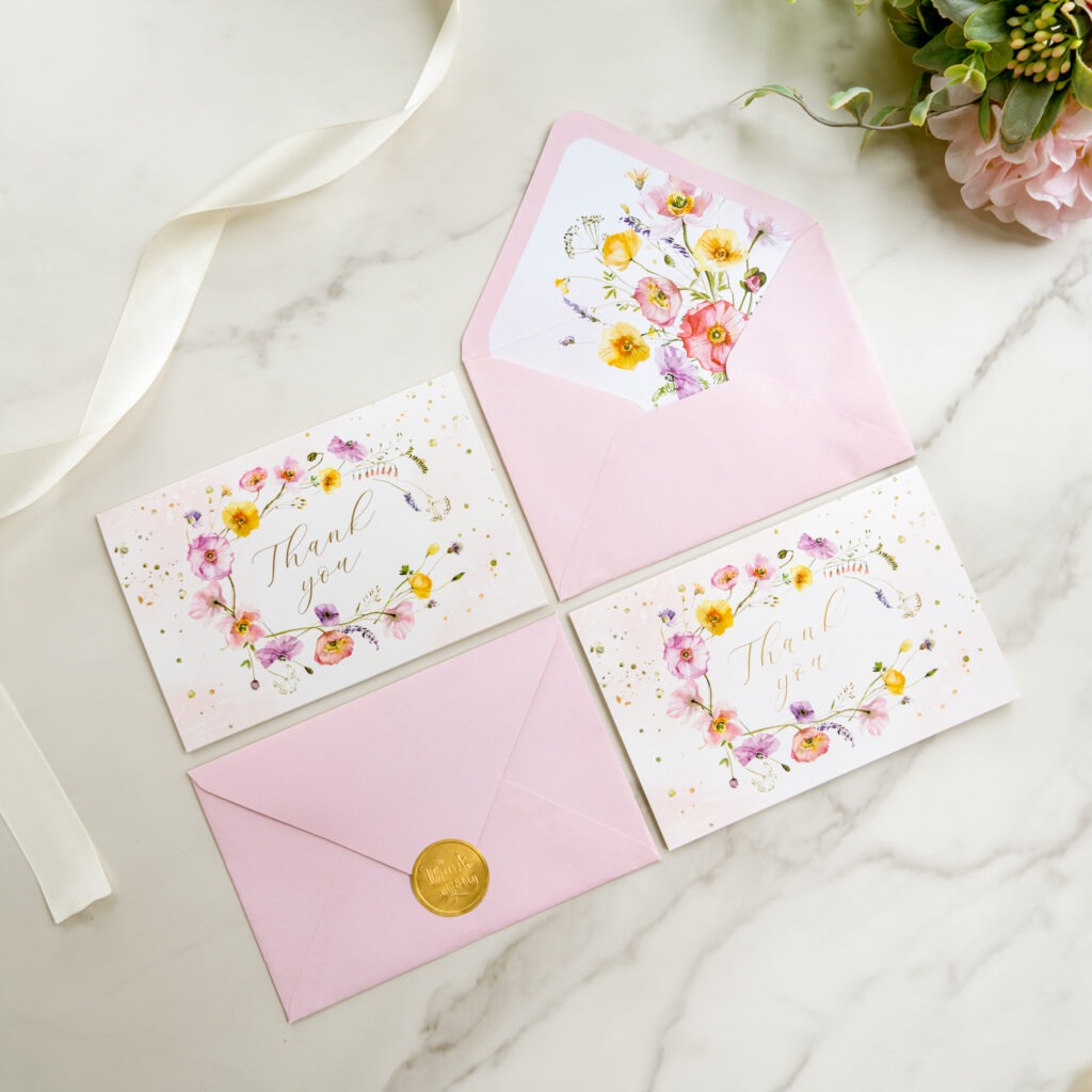A pink envelope adorned with a floral design and elegant gold foil accents, showcasing a charming and sophisticated aesthetic.